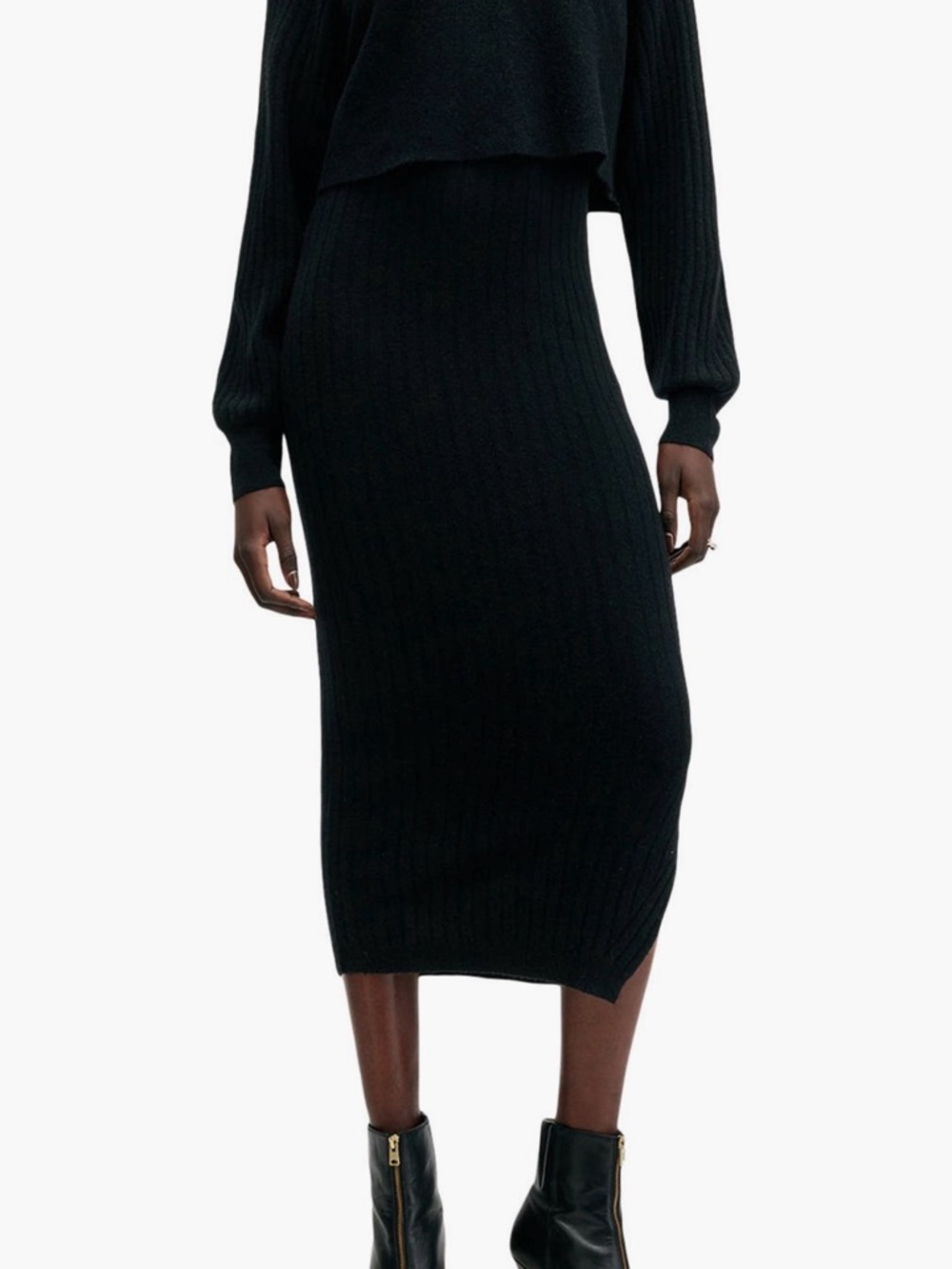 AllSaints Black Ribbed Knit Midi Dress